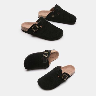 Suede Closed Toe Buckle Slide - Browngold Fashion