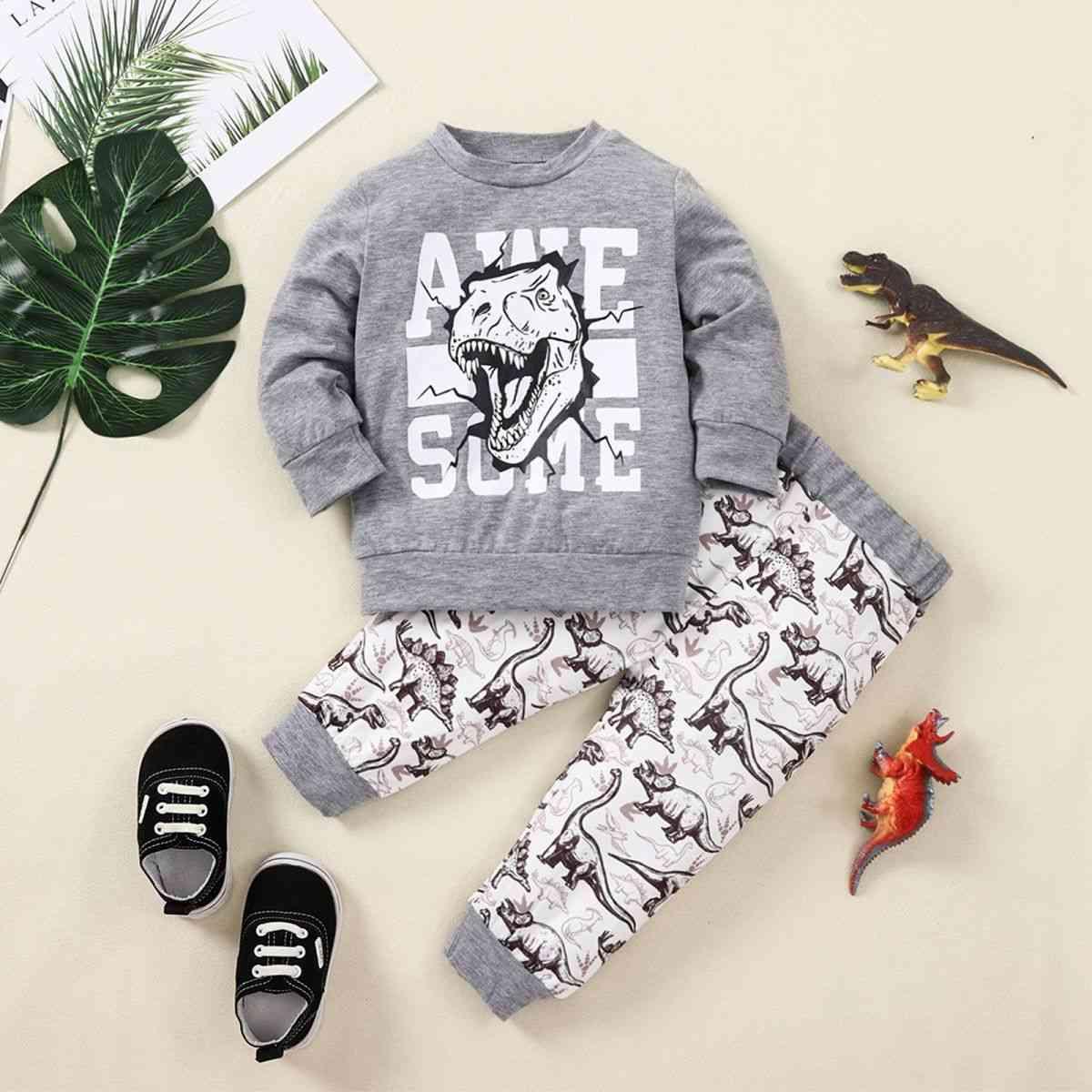 Kids Graphic Sweatshirt and Dinosaur Print Joggers Set - Browngold Fashion