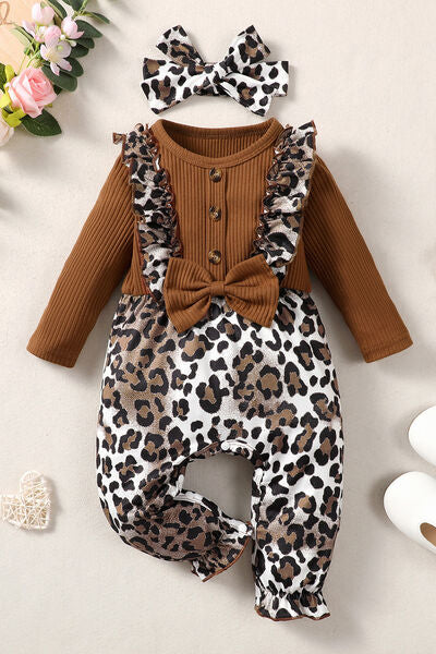 Leopard Bow Round Neck Long Sleeve Jumpsuit