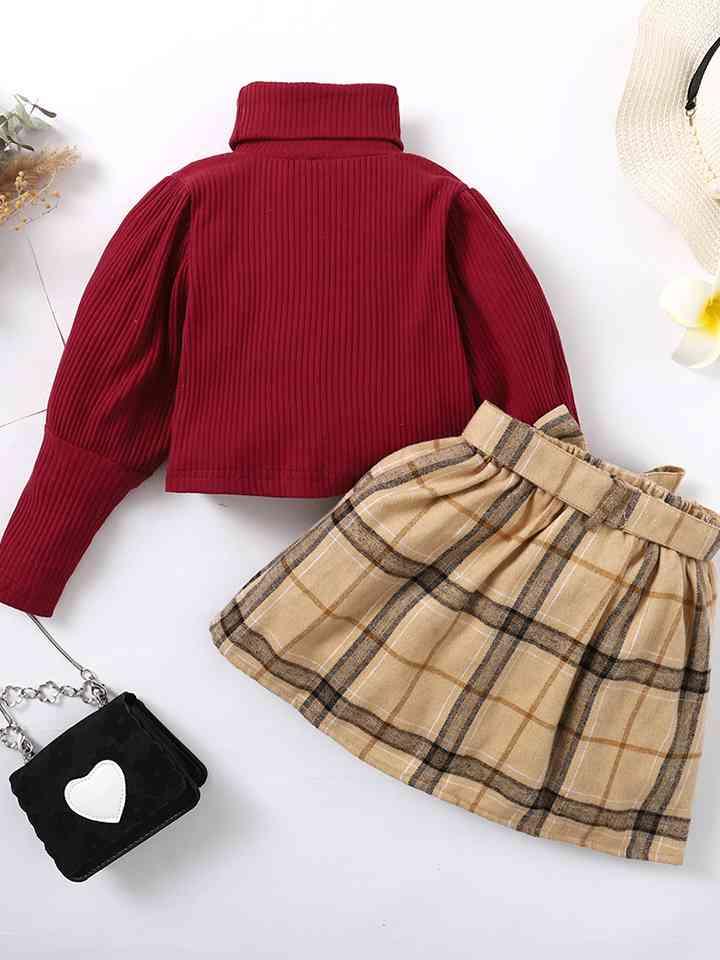 Turtle Neck Long Sleeve Ribbed Top and Plaid Skirt Set - Browngold Fashion