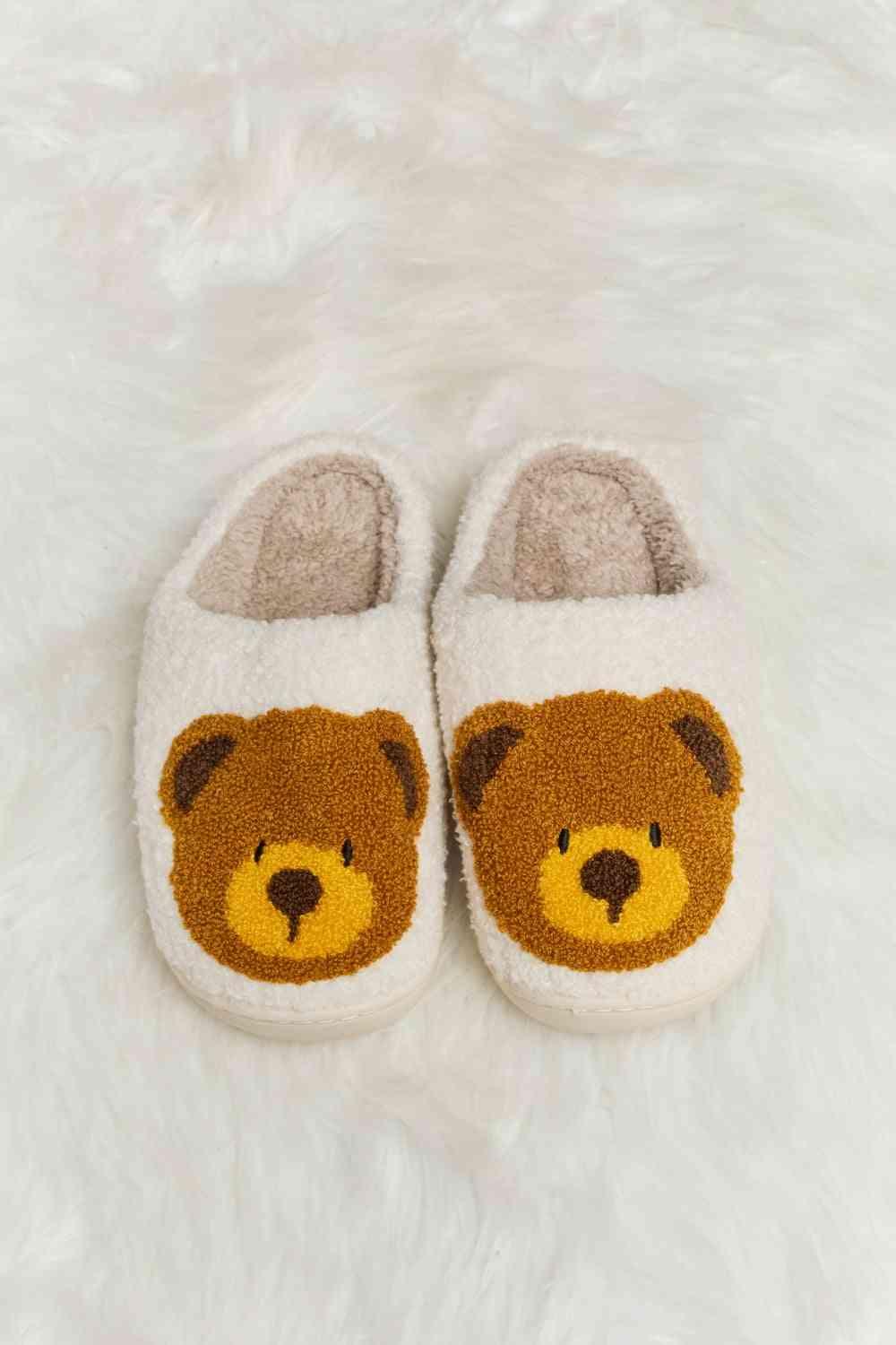 Melody Teddy Bear Print Plush Slide Slippers - Browngold Fashion