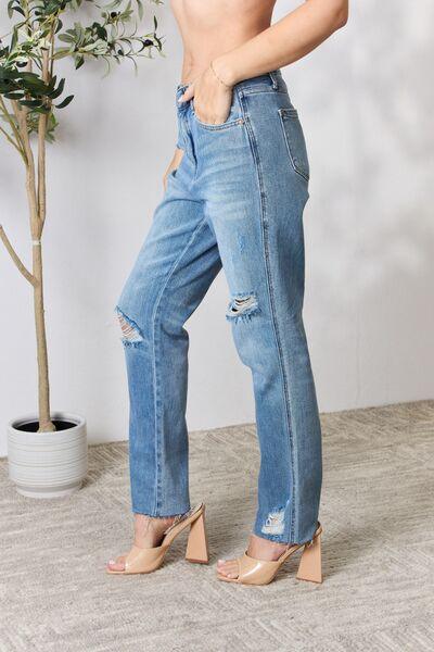 Judy Blue Full Size Distressed Raw Hem Straight Jeans - Browngold Fashion