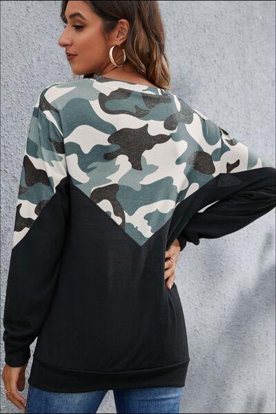 Camouflage Round Neck Long Sleeve Sweatshirt - Browngold Fashion