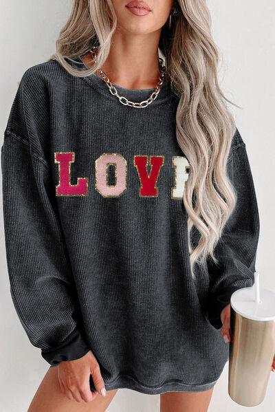 LOVE Round Neck Dropped Shoulder Sweatshirt - Browngold Fashion