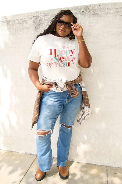 Simply Love Full Size HAPPY NEW YEAR Short Sleeve T-Shirt - Browngold Fashion