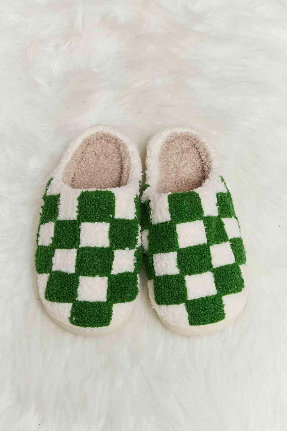 Melody Checkered Print Plush Slide Slippers - Browngold Fashion