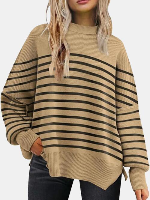 Round Neck Drop Shoulder Slit Sweater - Browngold Fashion