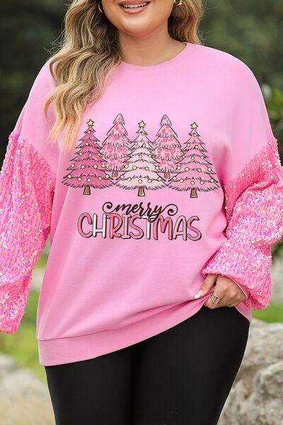 Plus Size MERRY CHRISTMAS Sequin Round Neck Sweatshirt - Browngold Fashion