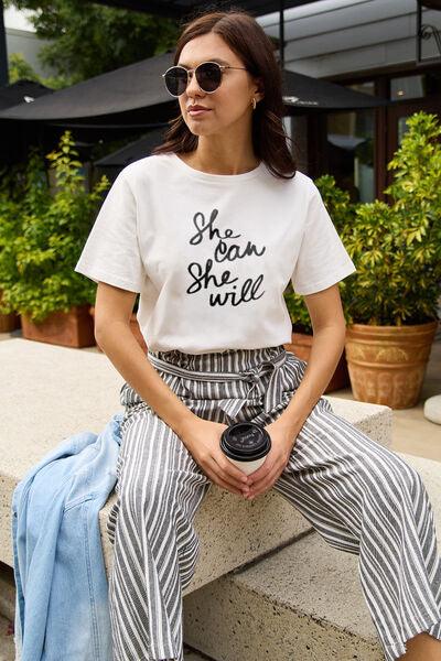 Simply Love Full Size SHE CAN SHE WILL Short Sleeve T-Shirt - Browngold Fashion