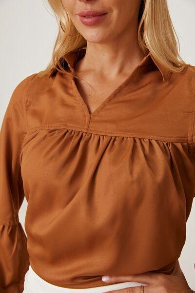 Balloon Sleeve Collared Neck Blouse - Browngold Fashion