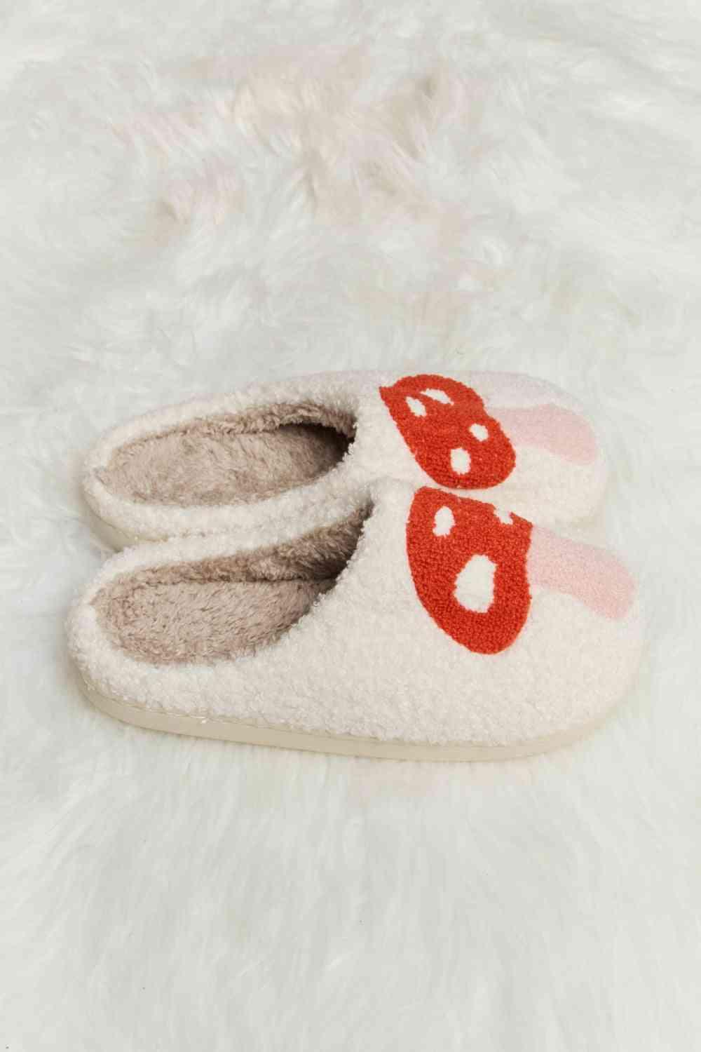 Melody Mushroom Print Plush Slide Slippers - Browngold Fashion