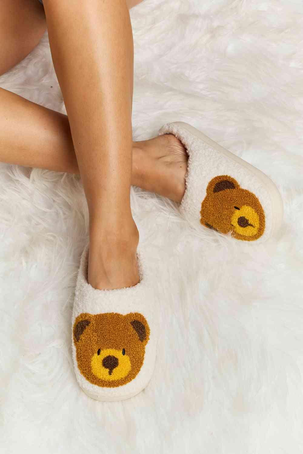 Melody Teddy Bear Print Plush Slide Slippers - Browngold Fashion