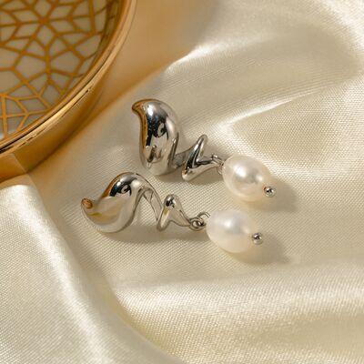 Twisted Stainless Steel Pearl Drop Earrings - Browngold Fashion