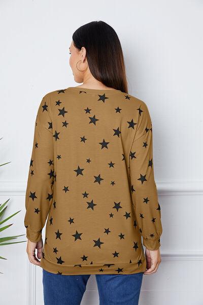 Star Print Round Neck Dropped Shoulder Sweatshirt - Browngold Fashion