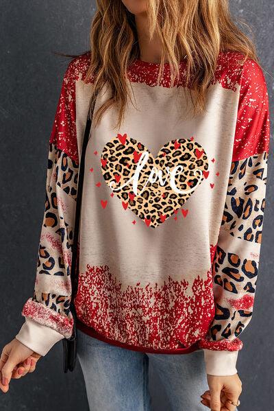 LOVE Heart Leopard Round Neck Sweatshirt - Browngold Fashion