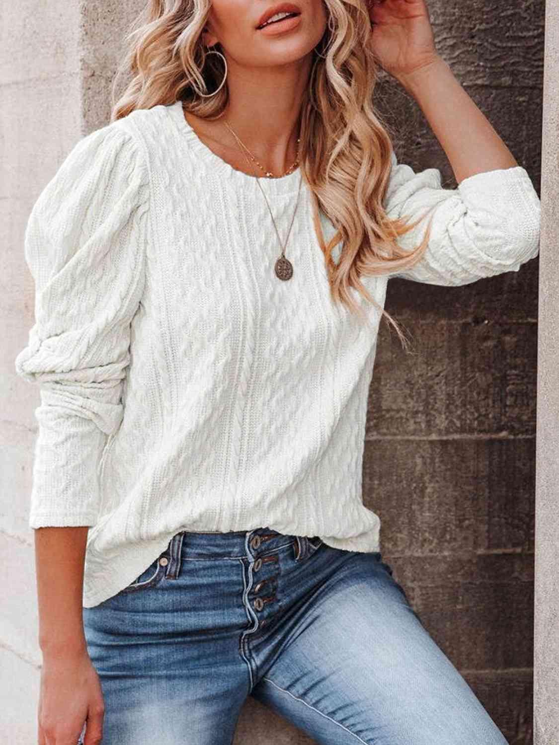 Round Neck Puff Sleeve Knit Top - Browngold Fashion