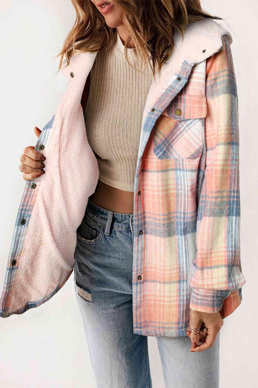 Plaid Snap Down Hooded Jacket - Browngold Fashion