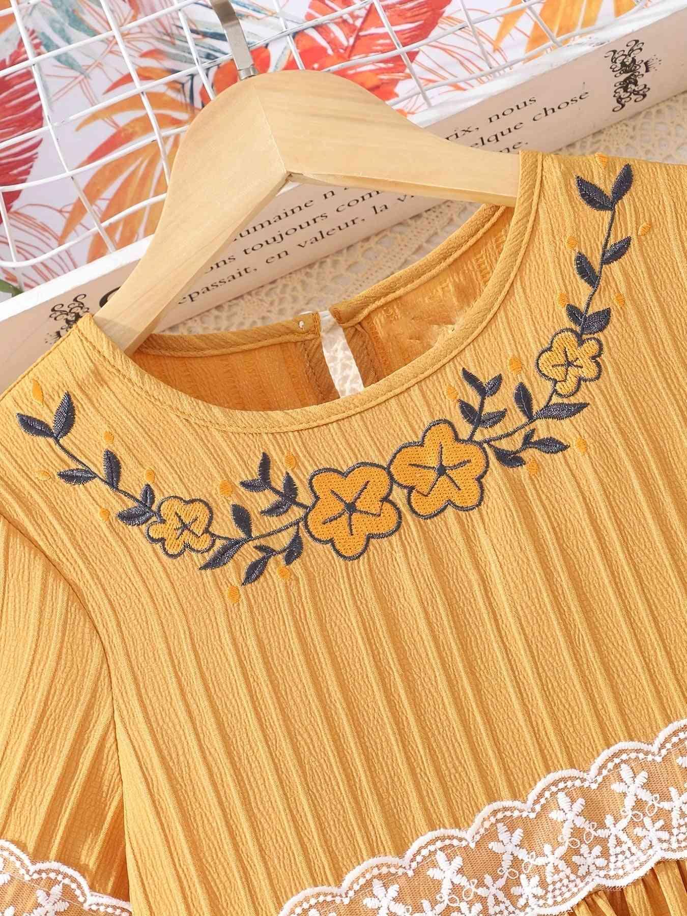 Lace Waistband Embroidery Round Neck Flounce Sleeve Dress - Browngold Fashion