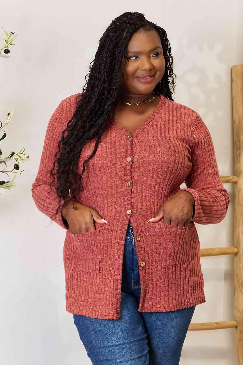 Double Take Ribbed Button-Up Cardigan with Pockets - Browngold Fashion