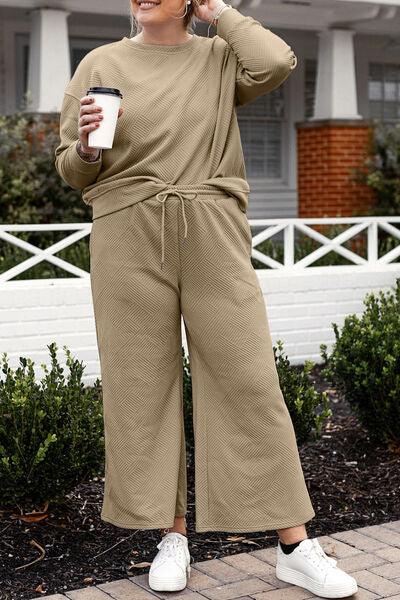 Double Take Full Size Textured Long Sleeve Top and Drawstring Pants Set - Browngold Fashion