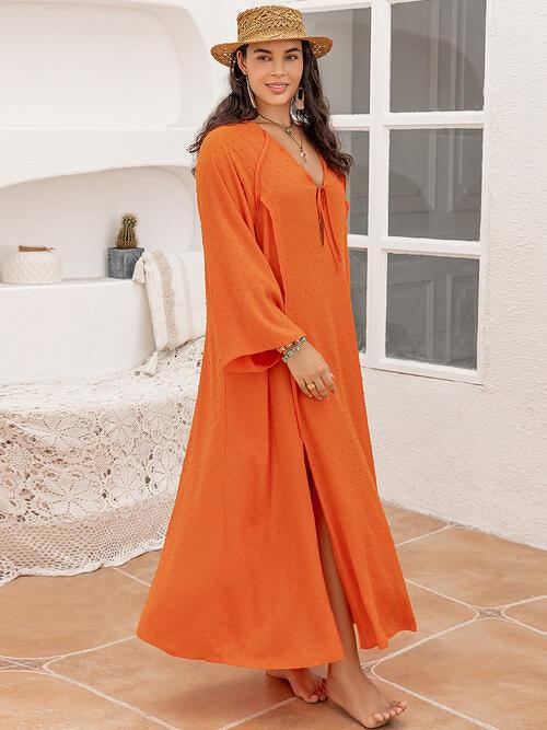 Plus Size Tie Neck Long Sleeve Slit Dress - Browngold Fashion