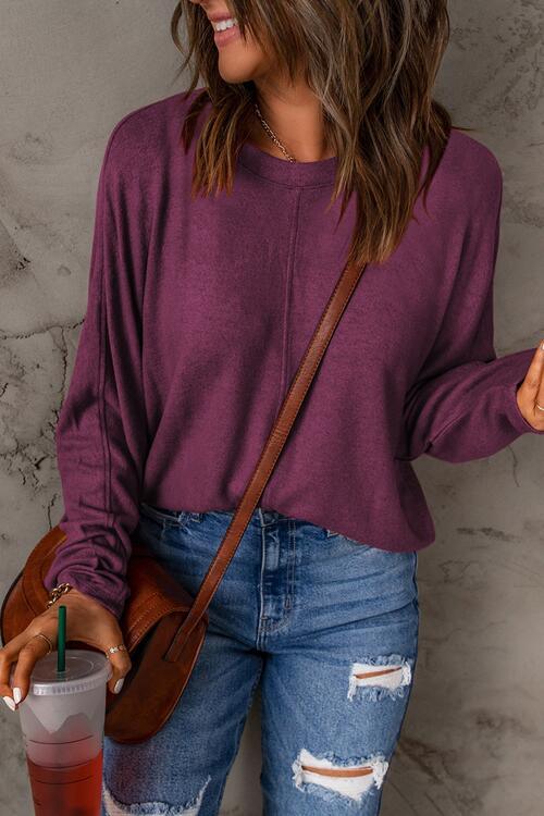 Seam Detail Round Neck Long Sleeve Top - Browngold Fashion