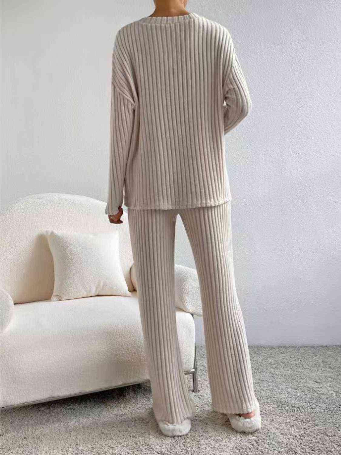 Ribbed V-Neck Long Sleeve Top and Pants Set - Browngold Fashion