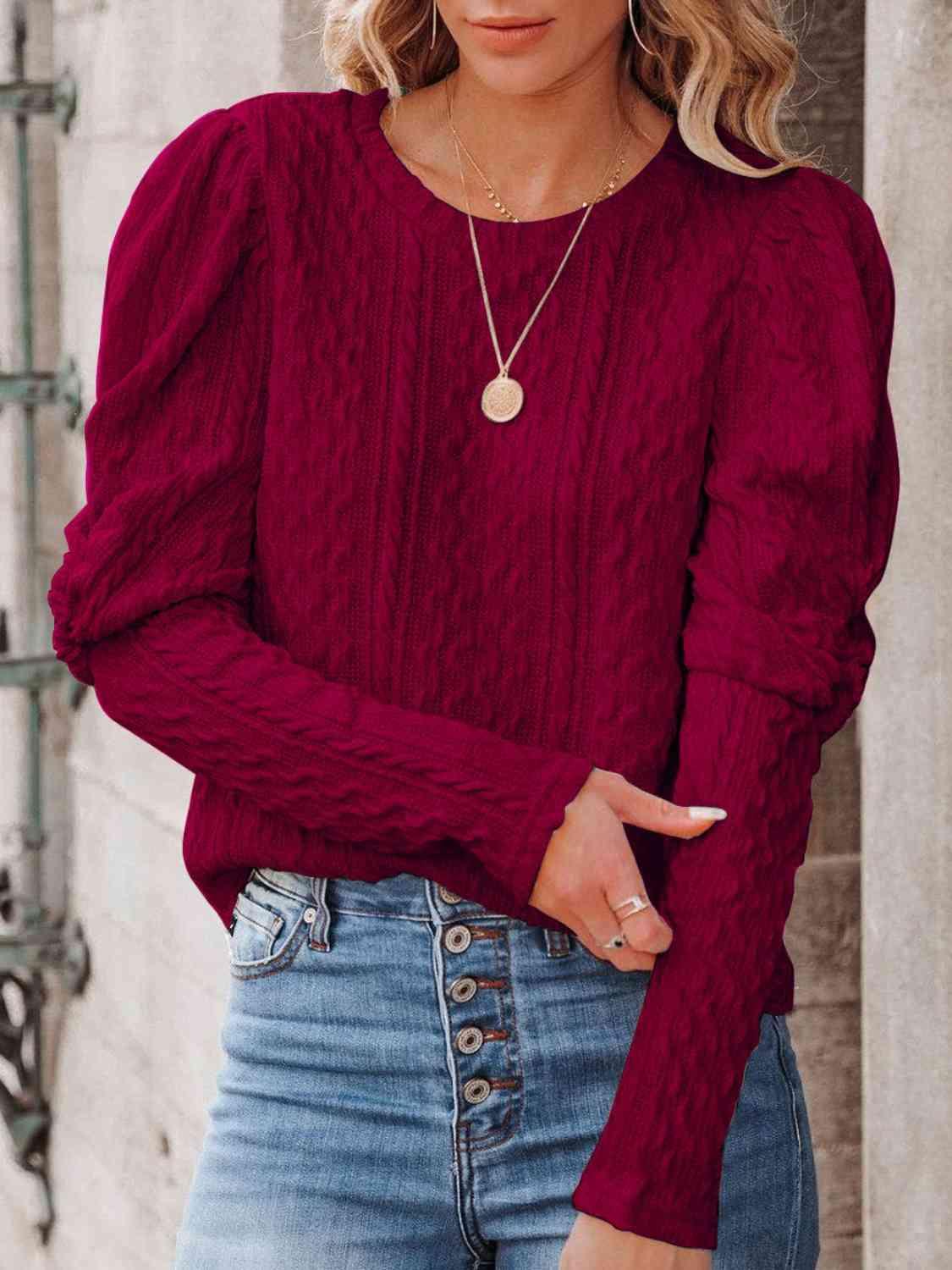 Round Neck Puff Sleeve Knit Top - Browngold Fashion