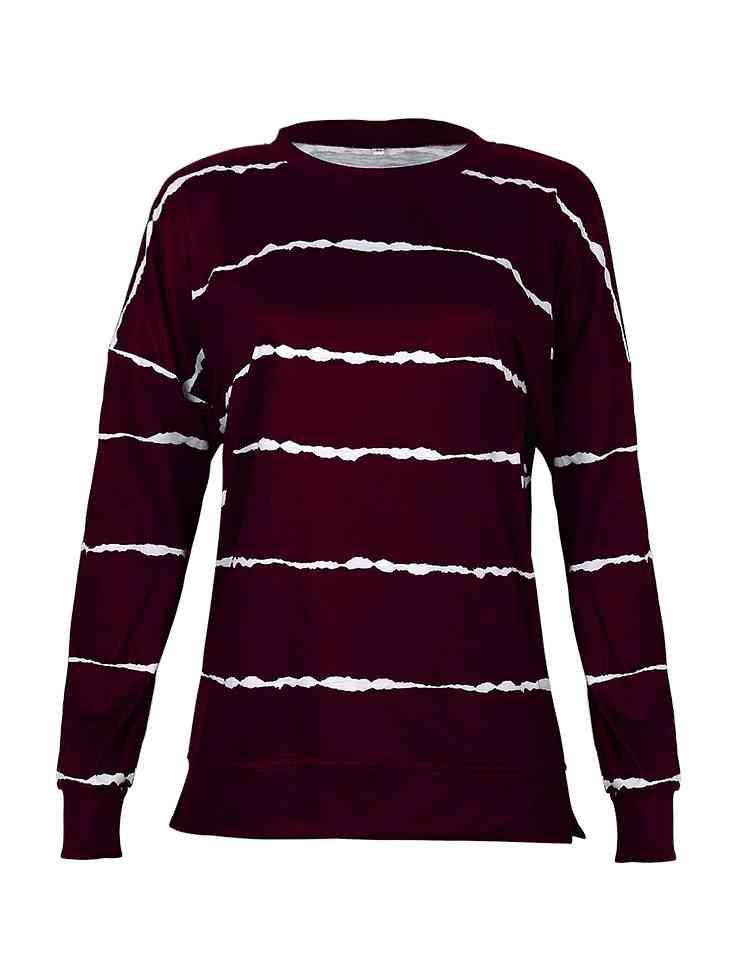 Striped Round Neck Sweatshirt - Browngold Fashion