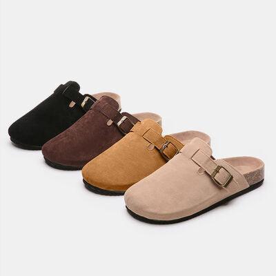 Suede Closed Toe Buckle Slide - Browngold Fashion