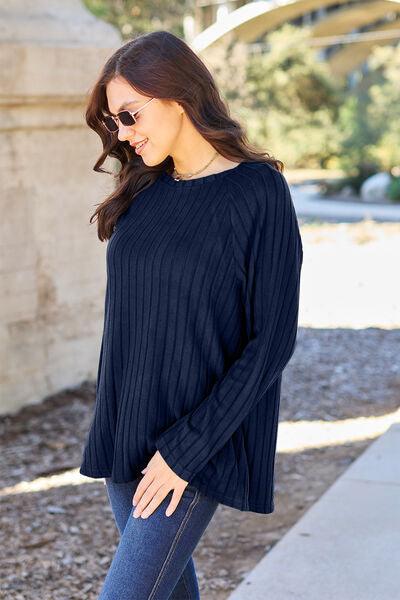 Basic Bae Full Size Ribbed Round Neck Long Sleeve Knit Top - Browngold Fashion