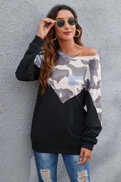 Camouflage Round Neck Long Sleeve Sweatshirt - Browngold Fashion