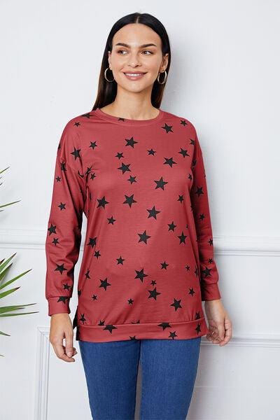 Star Print Round Neck Dropped Shoulder Sweatshirt - Browngold Fashion