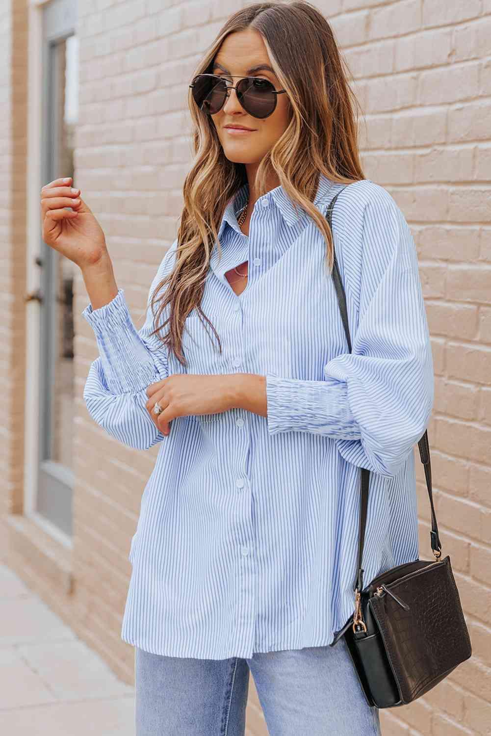 Striped Lantern Sleeve Collared Shirt - Browngold Fashion