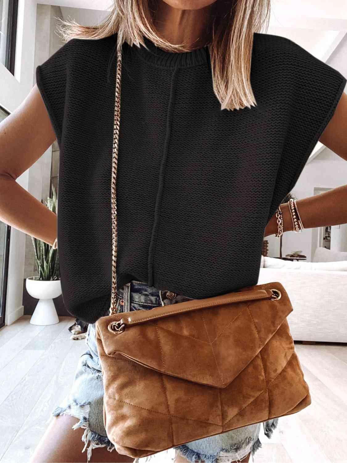 Cap Sleeve Sweater Vest - Browngold Fashion