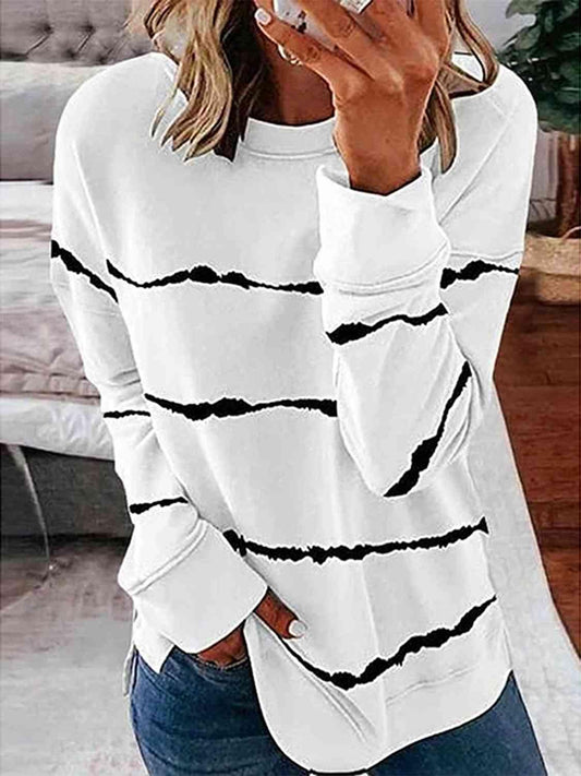 Striped Round Neck Sweatshirt - Browngold Fashion