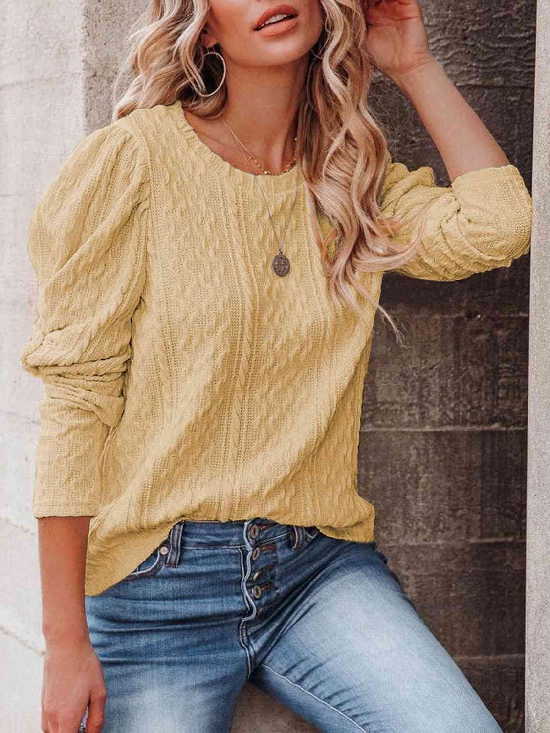 Round Neck Puff Sleeve Knit Top - Browngold Fashion