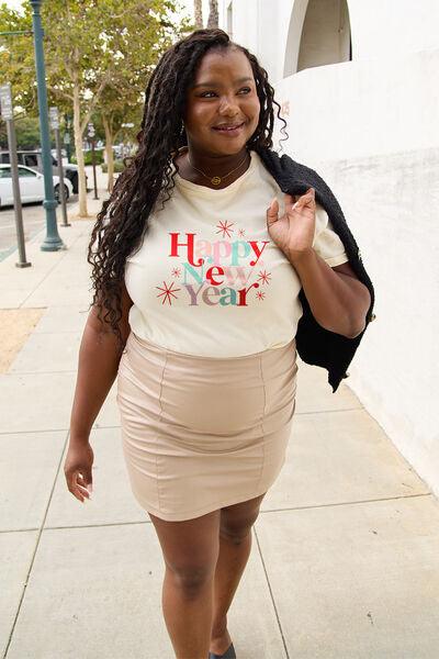 Simply Love Full Size HAPPY NEW YEAR Short Sleeve T-Shirt - Browngold Fashion