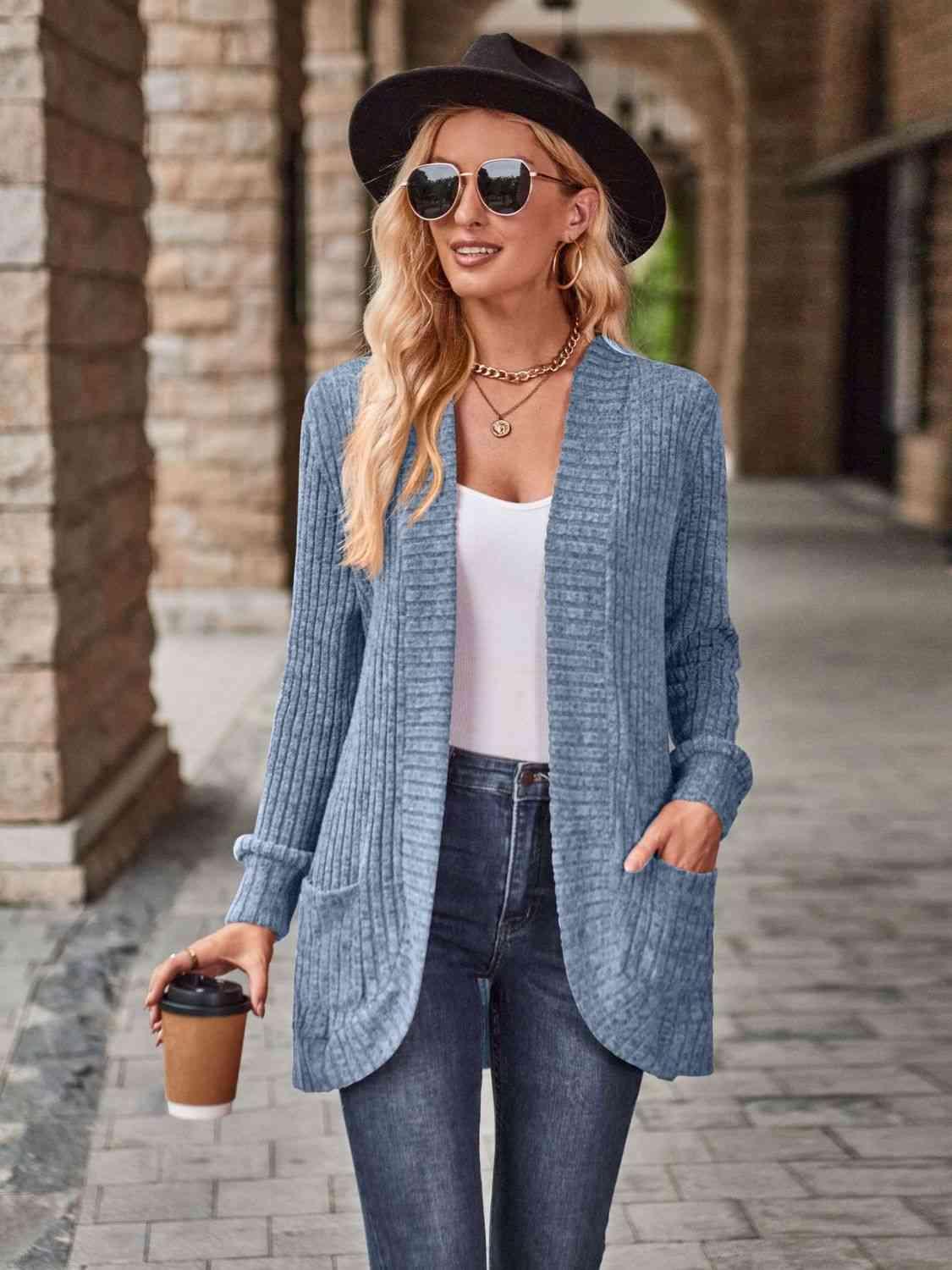 Open Front Cardigan with Pockets - Browngold Fashion